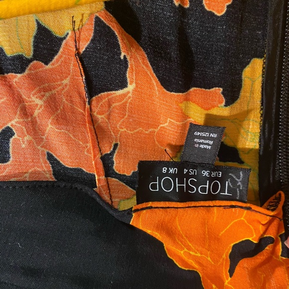 Topshop Midi Skirt Black and Orange Floral Asymmetrical Ruffle Boho size 8 - Picture 3 of 3